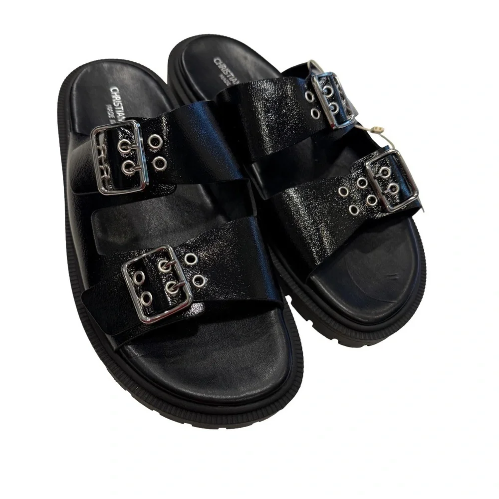 Christian Di Riccio Women’s Black Patent Leather Double Buckle Sandals Sz 8.5